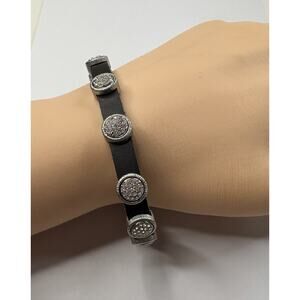 Black Leather & Silver Round Pave Crystal Sliders Bracelet Magnetic Gothic Punk